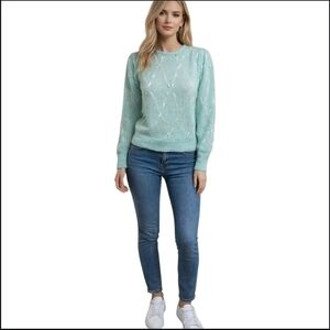 Aqua Knit Sweater with Bow Details & Puff Sleeves | 100% Acrylic | Size S.